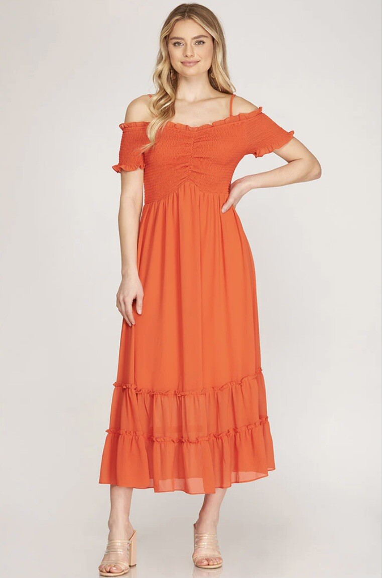 She + Sky Coral Red Off-the-Shoulder L Midi Dress Spaghetti Straps Summer Dress
