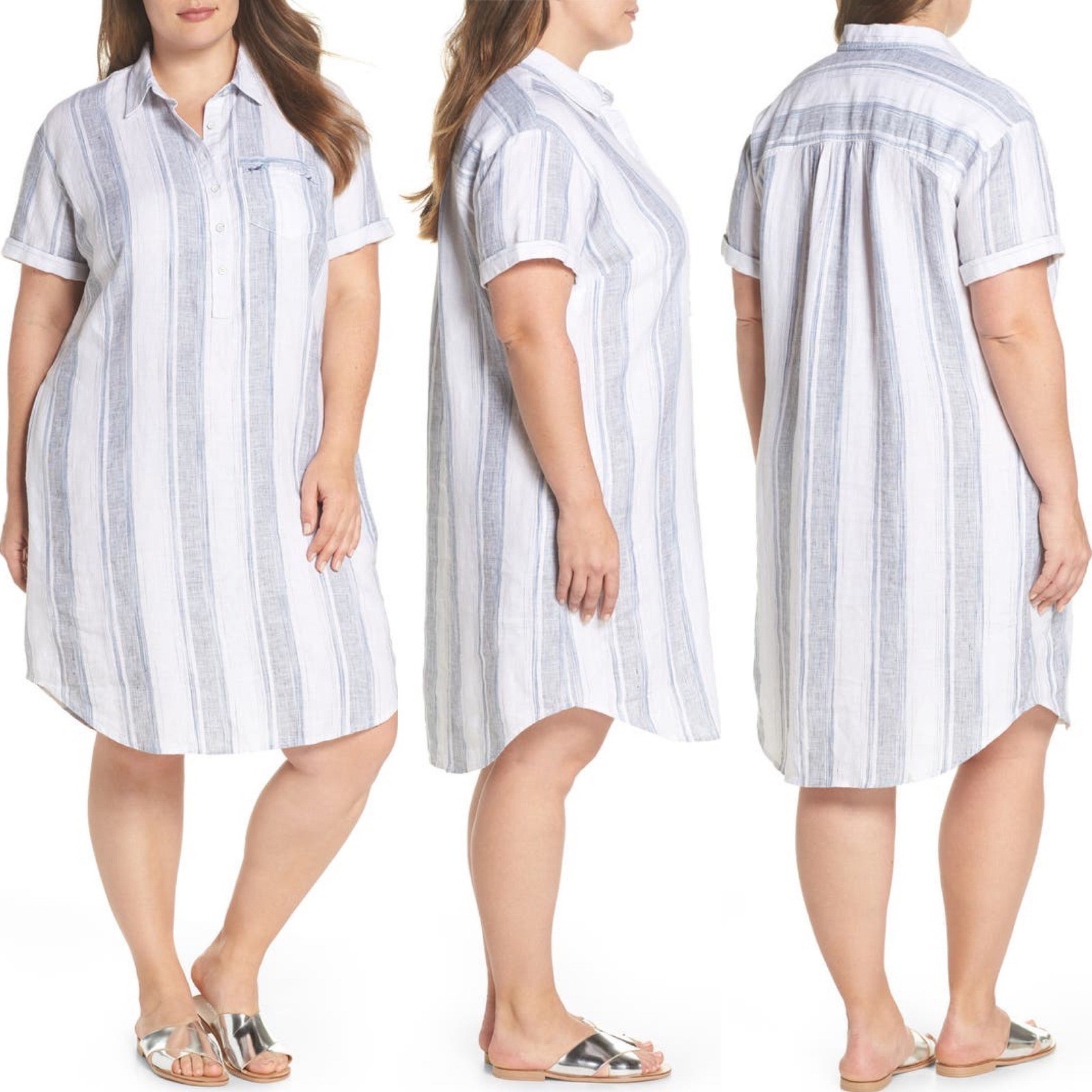 Caslon Womens 100% Linen Shirt Dress XL White Coastal Button Up Pockets Stripe