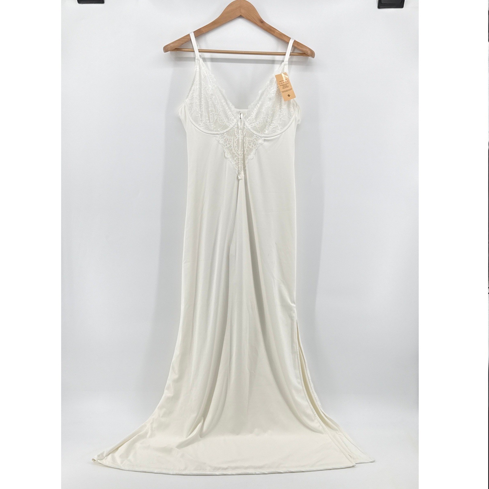 Popilush Built-In Shapewear Slip Dress Women XXL Ivory NEW Lace Trim Maxi Slit