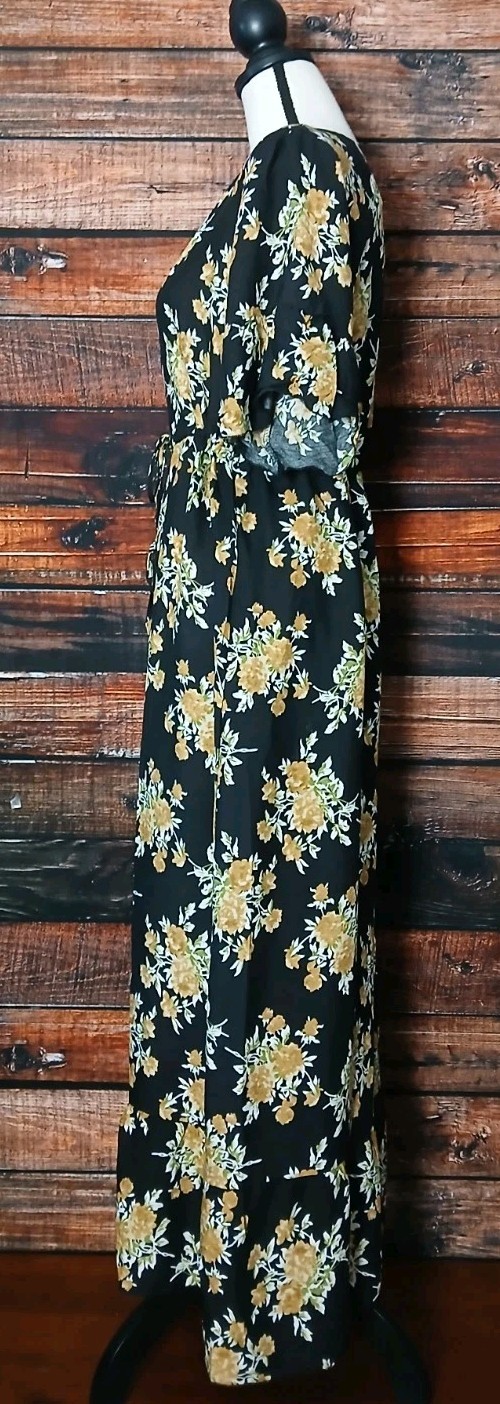 Seven Islands Maxi Dress M Oversized Black Floral Rayon Drawstring Waist NWT