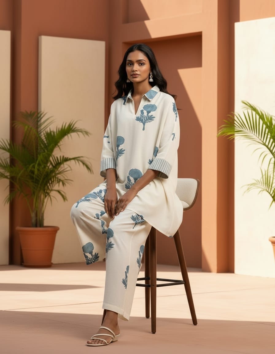 Women Off-White Cotton Flex Kurti Palazzo Set Printed Casual Tunic Indian Boho