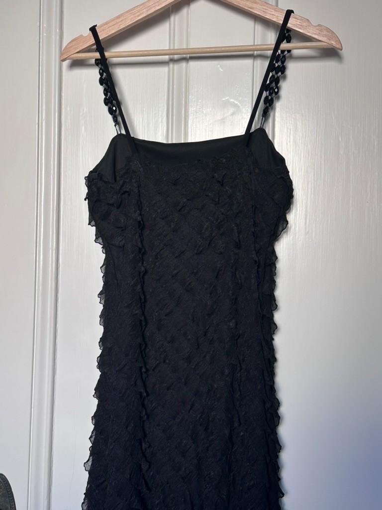 Georgiou Studio Black Beaded Strap and Diagonal Ruffle Mini Going Out Dress S-M