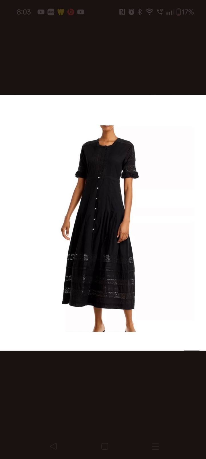 LoveShackFancy Edie Black Cotton Poplin Lace Button Front Midi Dress Tiered Sz M