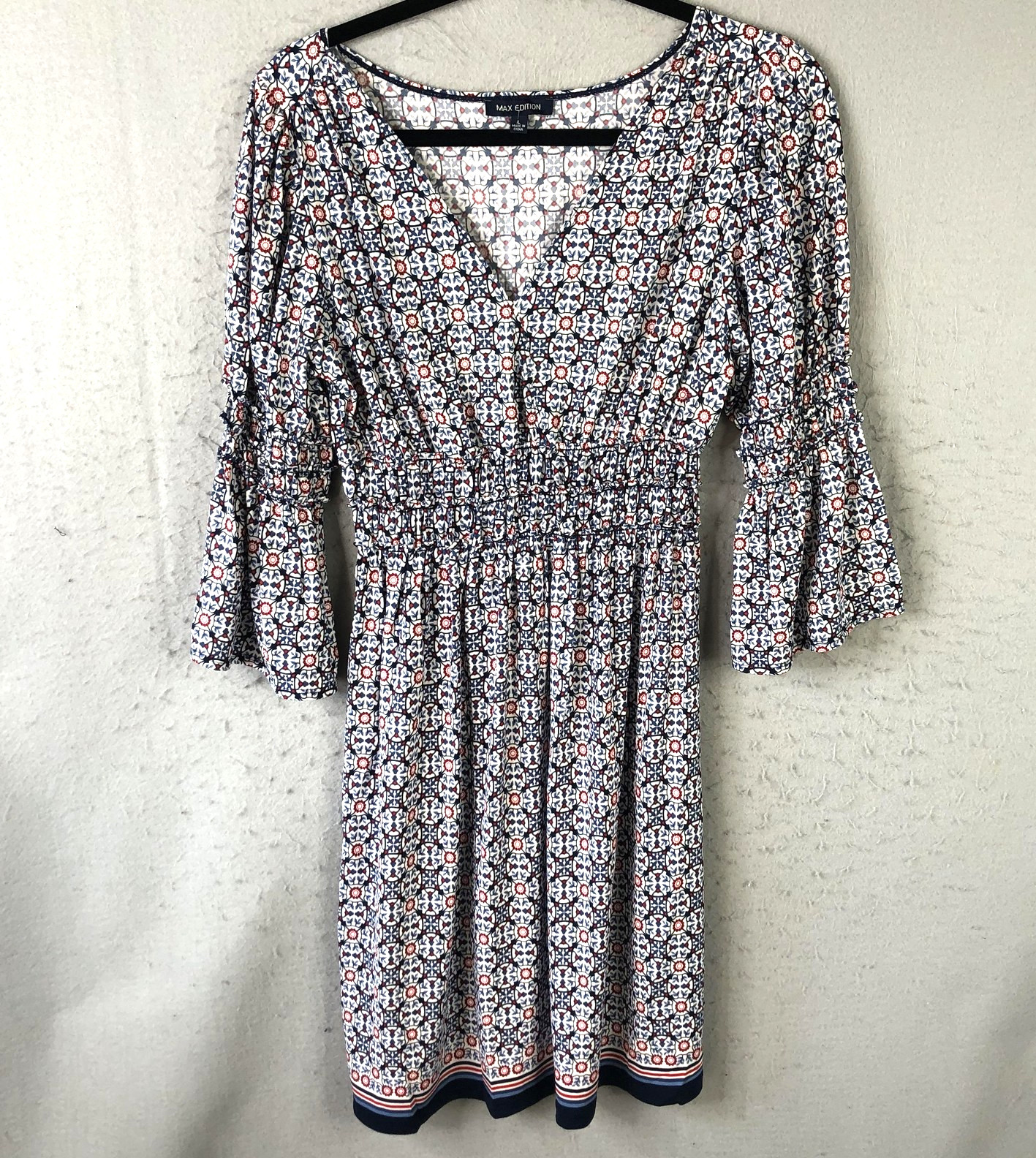 Max Edition Dress Womens L Blue Red Boho Geometric Print Smocked Y2K Babydoll