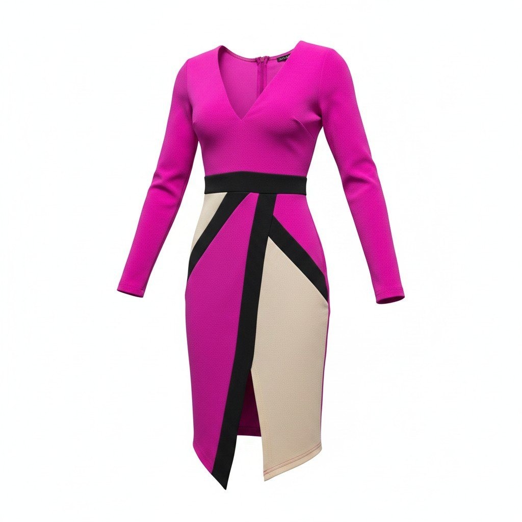 Fashion Nova Colorblock Midi Dress Womens XS Fuchsia Excellent Long Sleeve VNeck