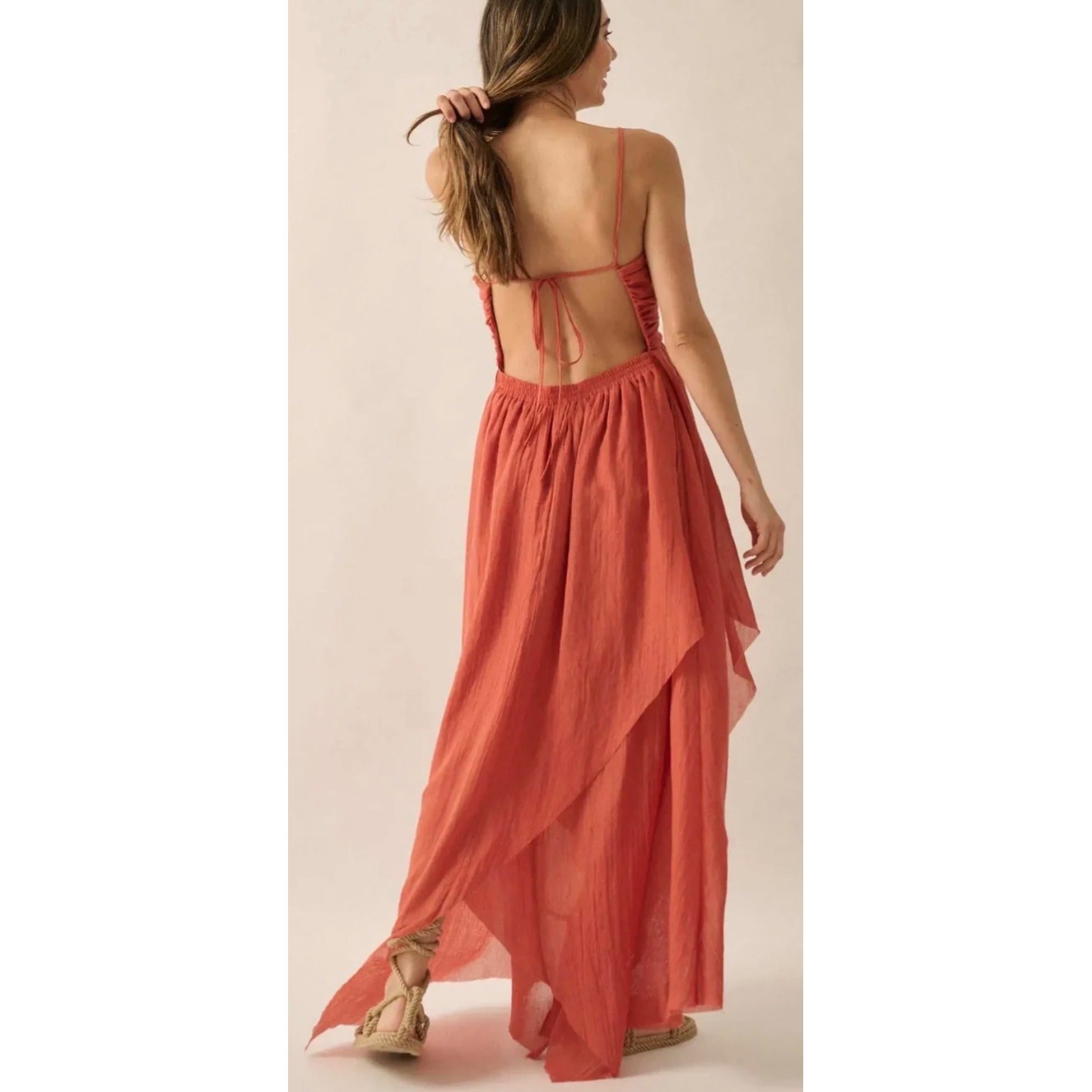Promesa Floating on Air Layered Gauze Halter Maxi Dress Womens Sz L Rust Beachy