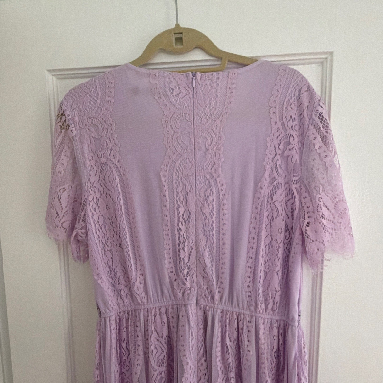 MEROKEETY Women’s Purple Solid Lace V-Neck Short Sleeve Maxi long Dress Zip XL
