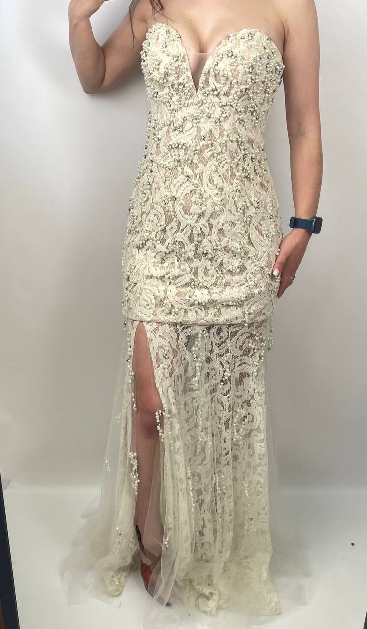Jovani Strapless Lace Gown Beaded Pearl Nude Ivory Dress Sz 4 Small Prom Formal
