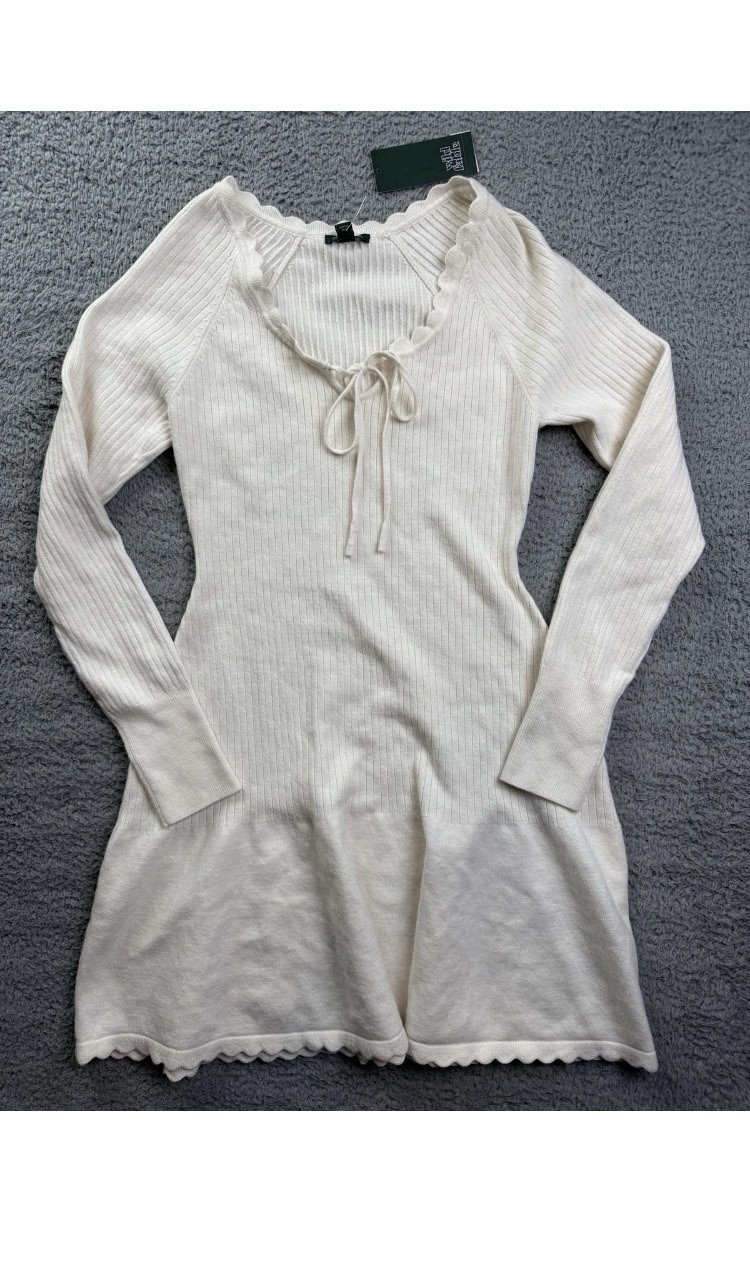 Wild Fable Sweater Dress Womens Medium Cream Long Sleeve Fit Flare Ruffle Hem