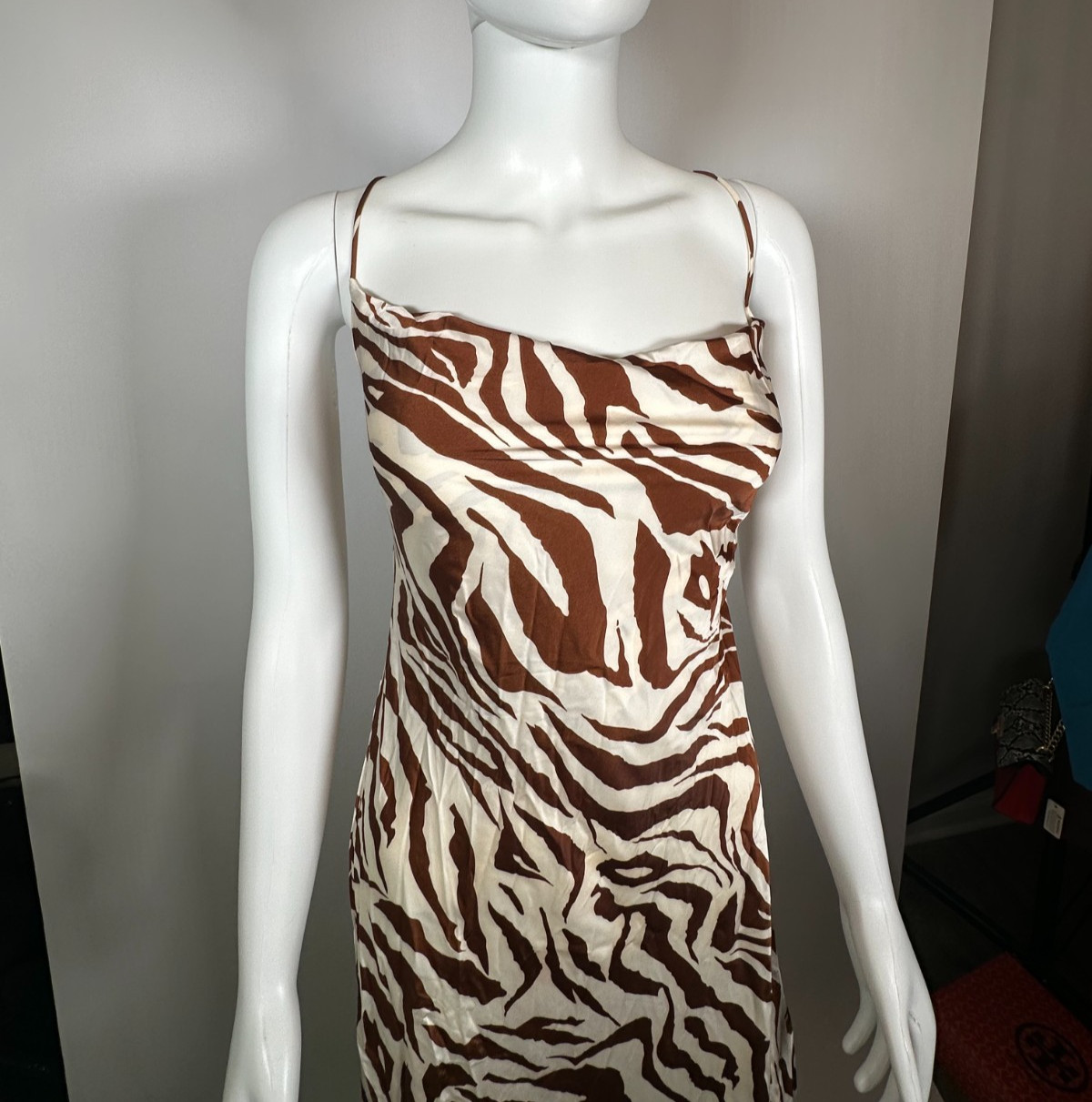 SHEIN Brown Zebra Print Maxi Dress Size Large Y2K Animal Print Slip Dress