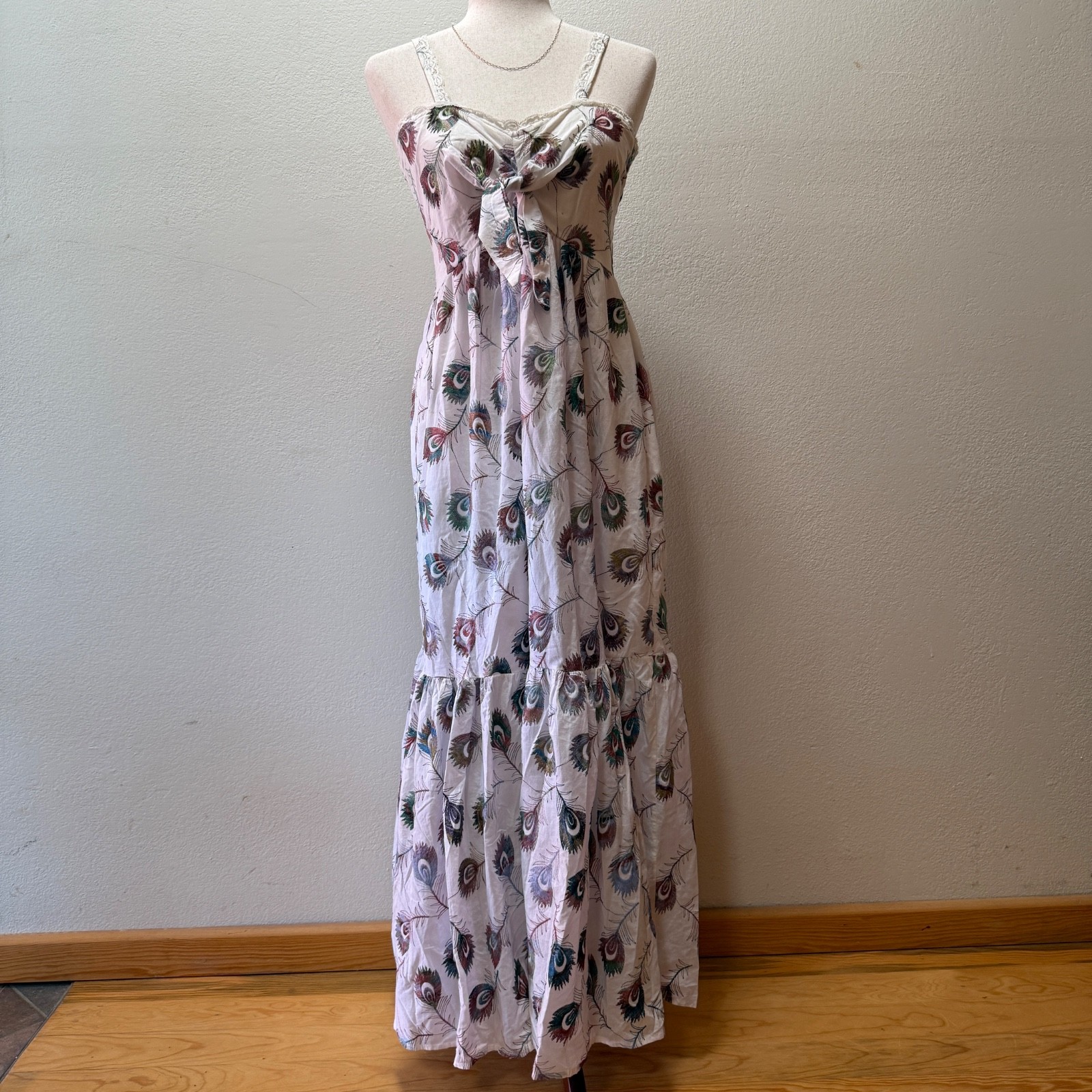 Papillon Embroidered Peacock Feather Maxi Dress Boho Festival Core Smocked Back