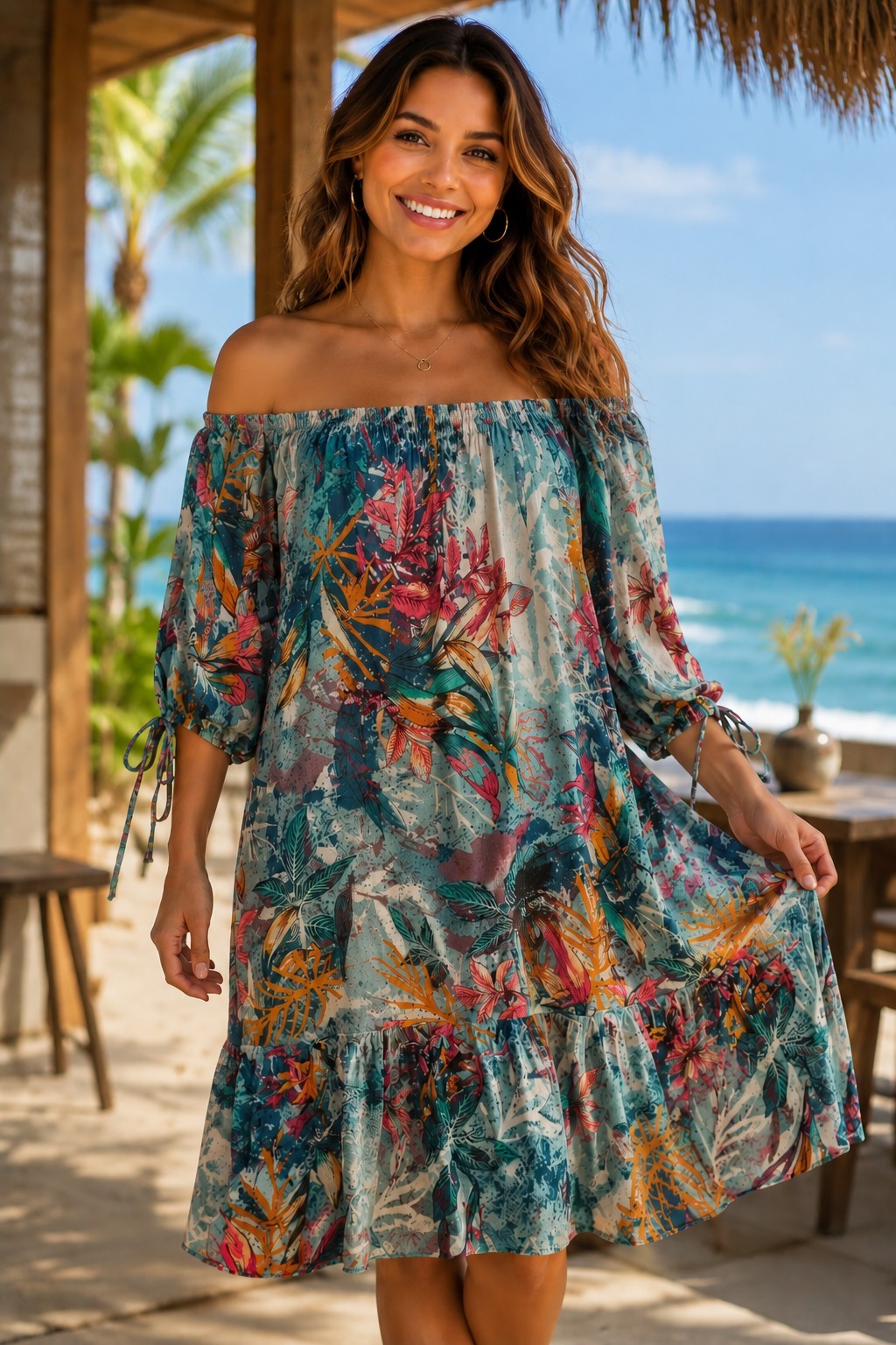 Millennium XL Floral Tropical Midi Dress Boho Peasant Off Shoulder Rayon Women