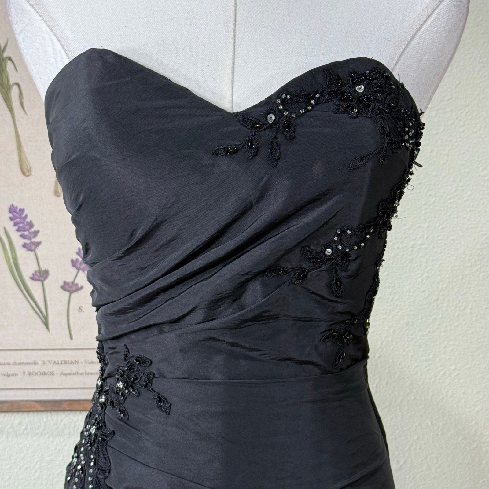 90s Y2k Beaded Floral Corset Back Ruched Formal Dress Romanitc Goth Sexy Glam XS