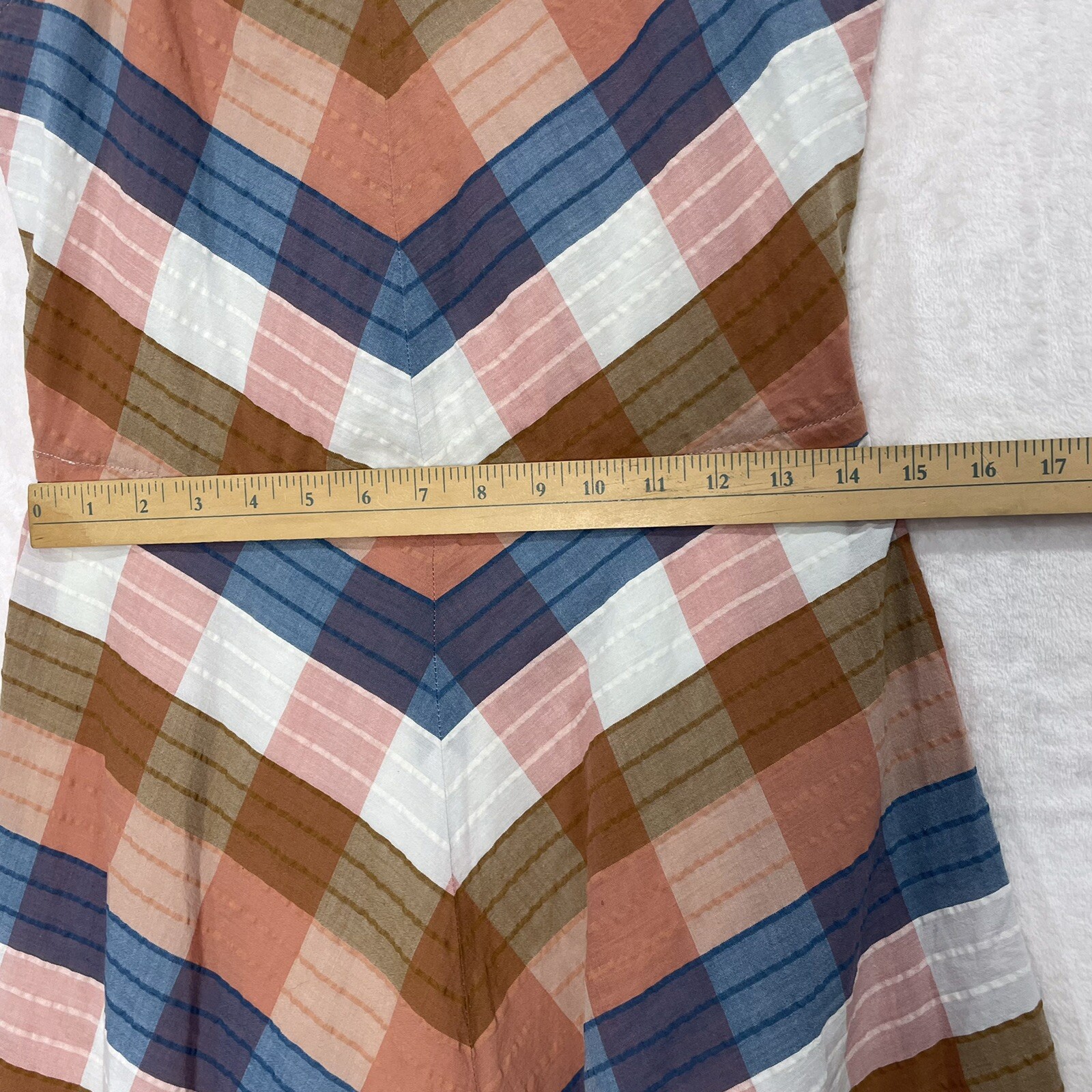 LL Bean Plaid Pleated Strap Dress 4 Small A Line Fit Flare Midi Blue Peach NEW