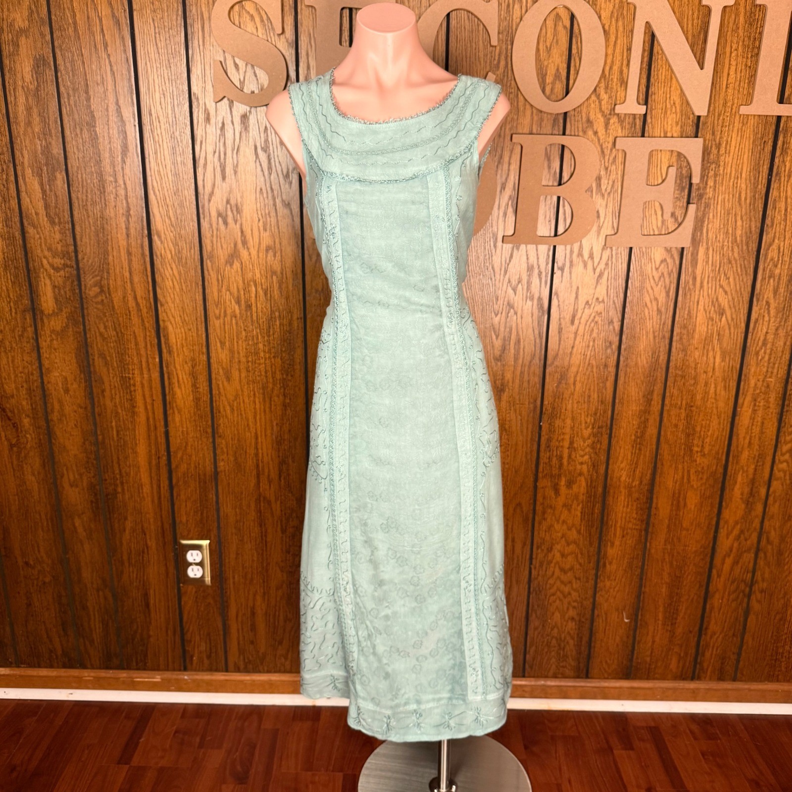 Raya Sun Embroidered Midi Dress Blue Green Boho Cottagecore Hippie Garden Artsy
