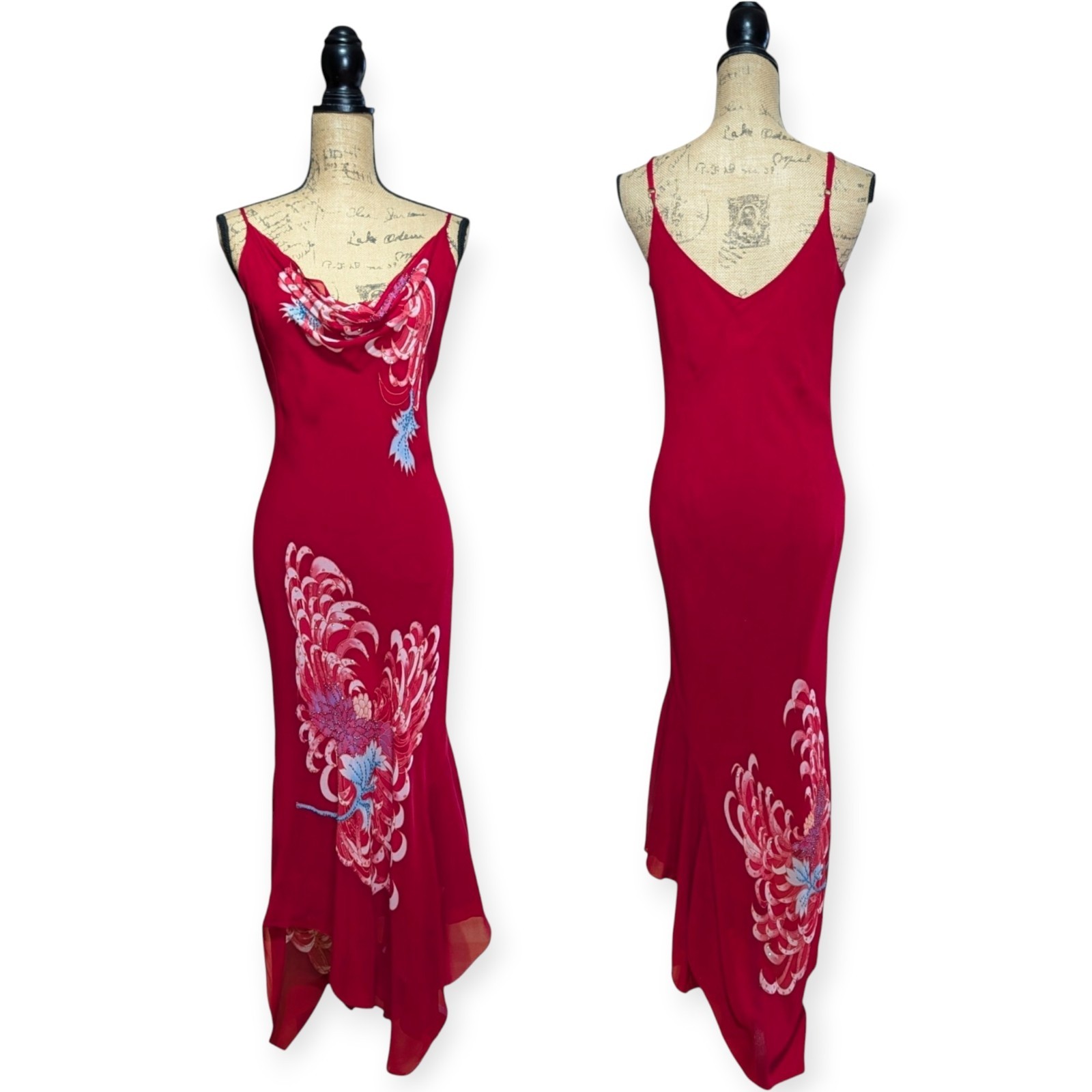 Vintage Y2K Wallis 100% Silk Red Beaded Chrysanthemum Cowl Slip Dress UK12/14