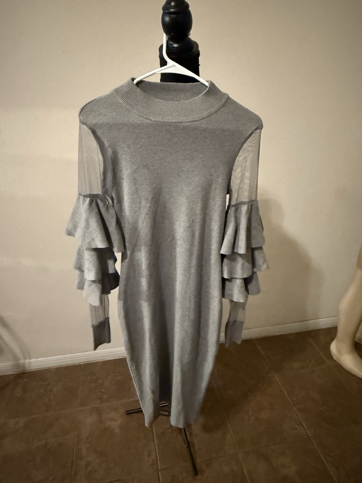 CQ by CQ Women’s Gray Solid Mock Neck Ruffle Long Sleeve Midi Sweater Dress S