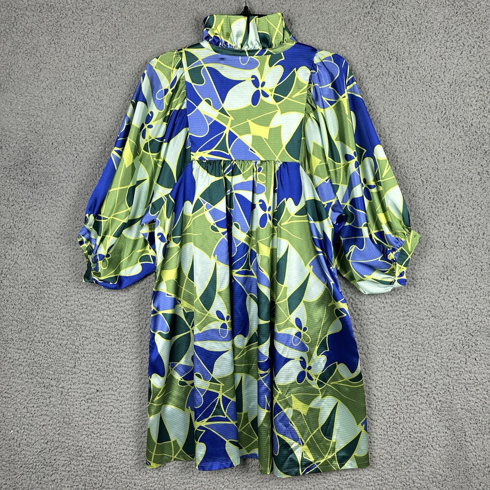 Emily McCarthy M Green Blue Ruffle Collar Blouson Sleeves Dress Flowy Artsy Boho