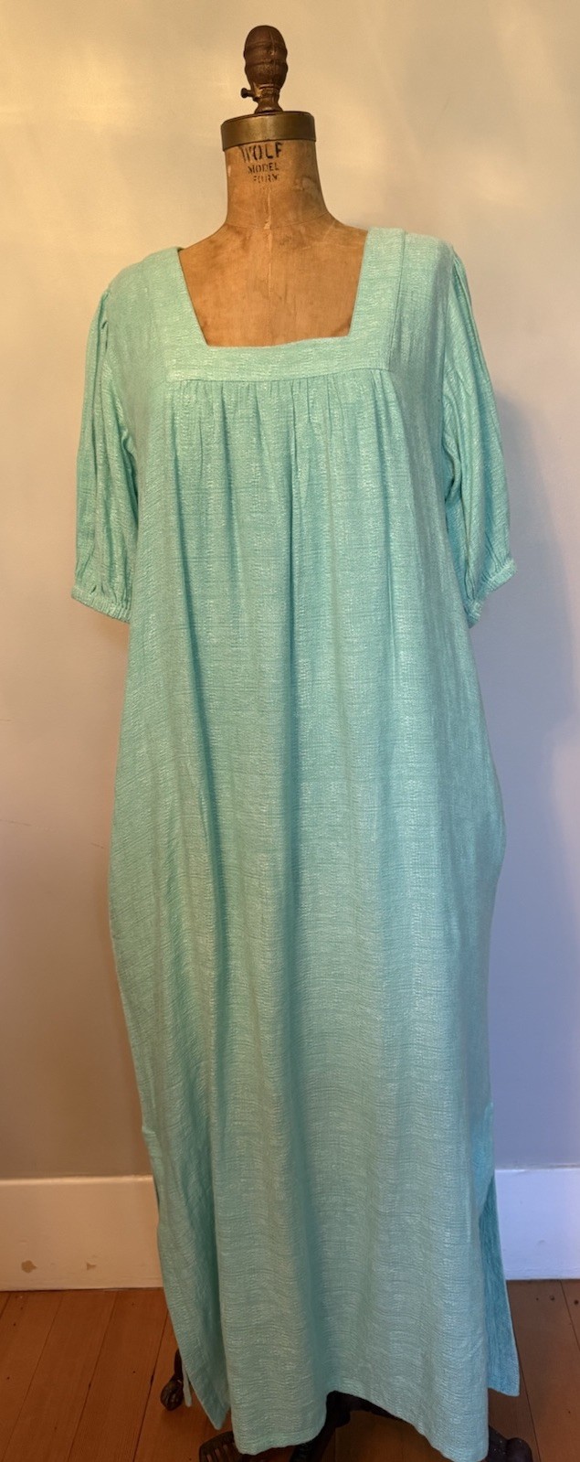 Never A Wallflower Square Neck Aqua Blue Maxi Muumuu Dress Pockets Side Slits S