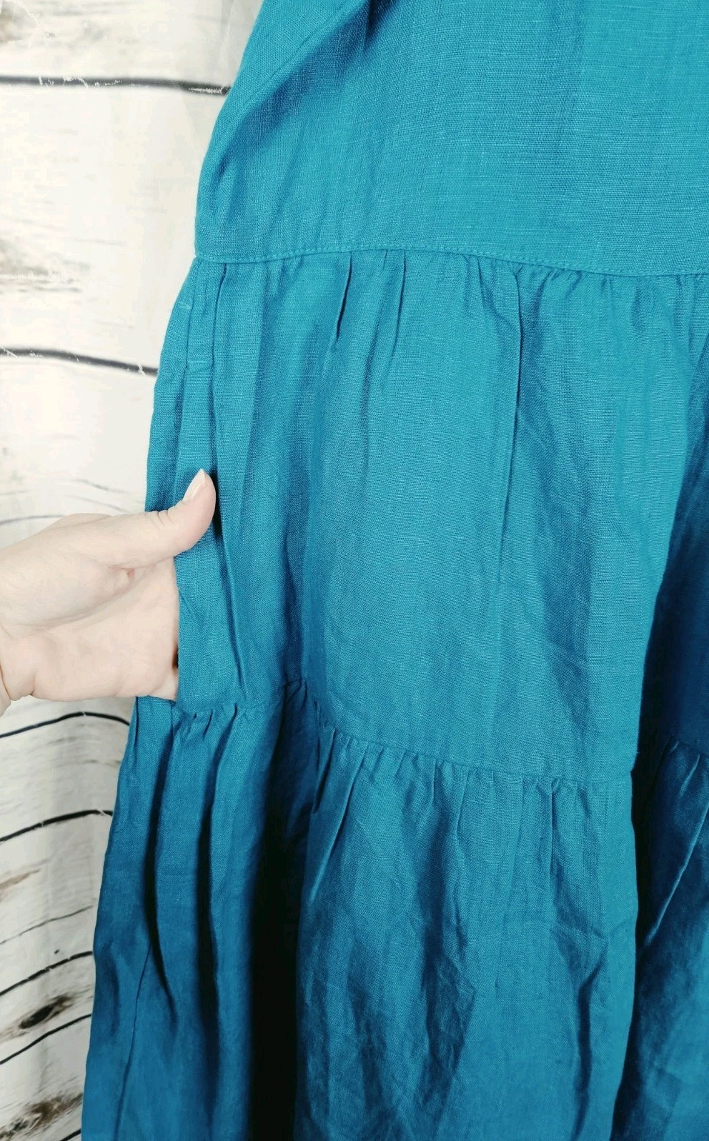 Chico’s Teal Beaded Linen Tiered Dress 2 Womens US 12 Midi Ruffle Short Sleeves