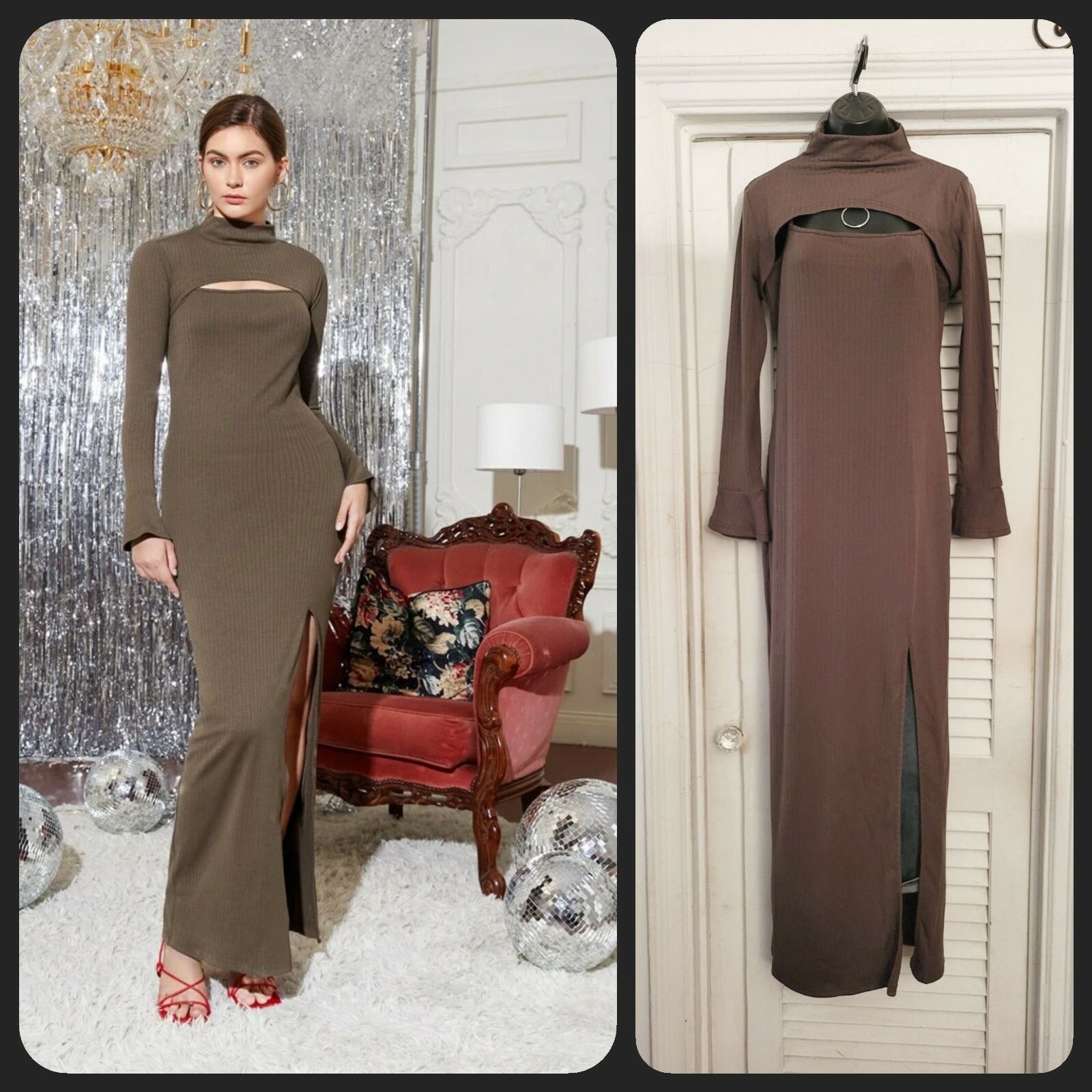 2 Piece Mocha Brown Ribbed Mock Neck Cutout Front Back High Split Maxi Dress L
