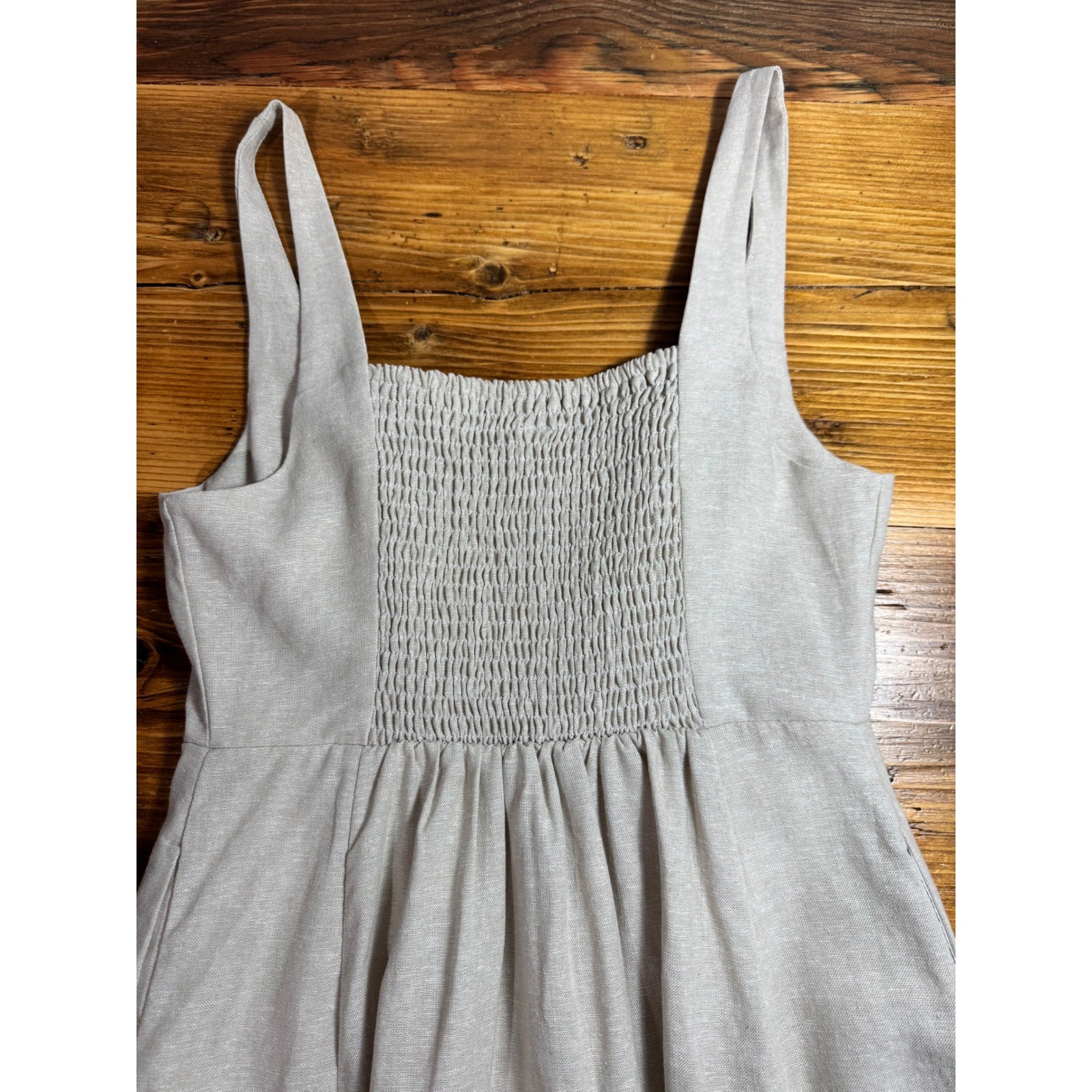 Old Navy Fit & Flare Sleeveless Linen Midi Dress S Beige Notch Neck Smocked Back