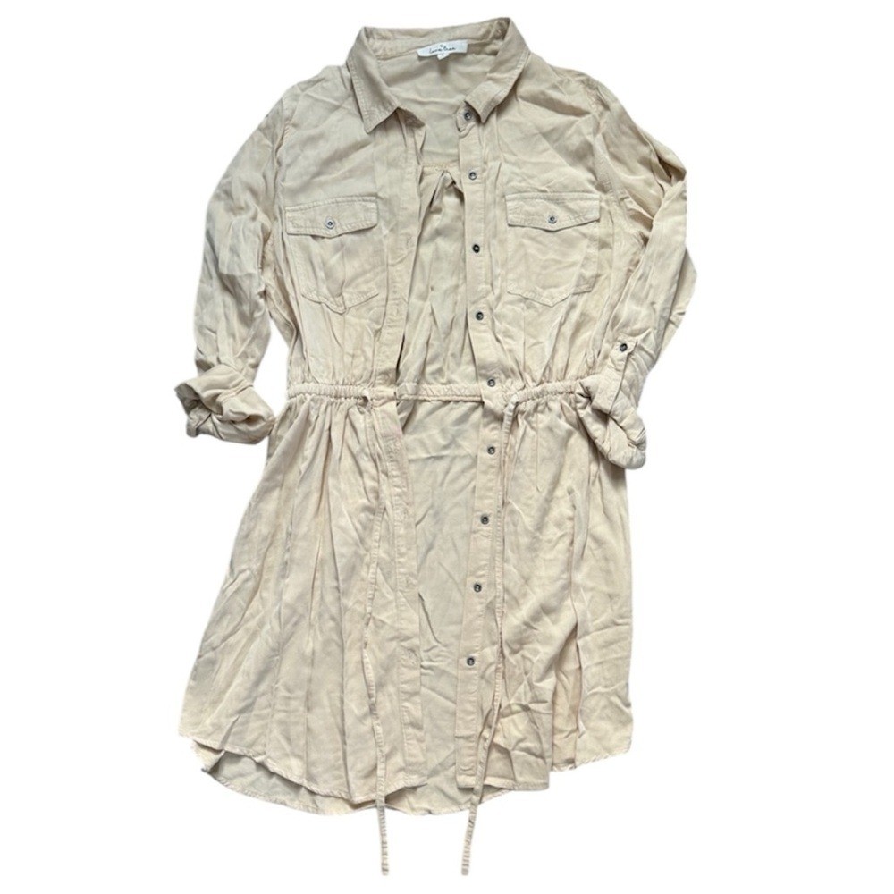 Love Tree Tan Utility Shirt Dress – Button Down – Drawstring Waist – Size L