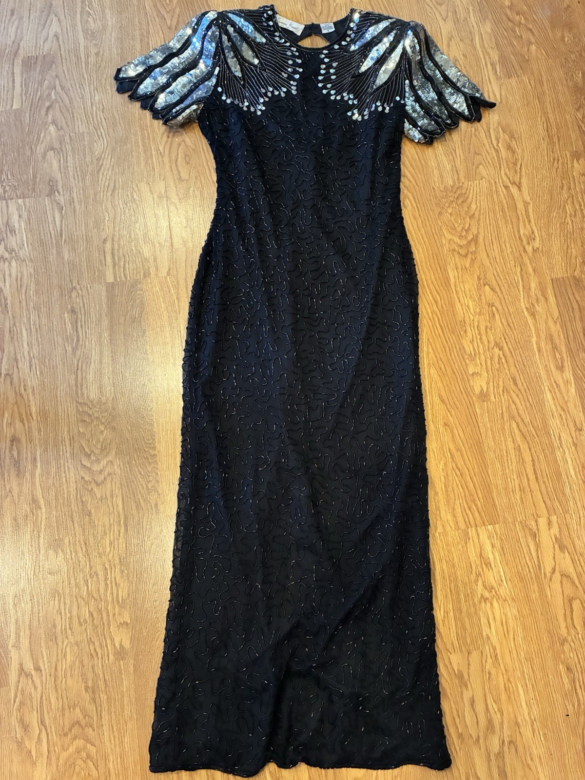 Vtg Laurence Kazar Beaded Gown Black Sz S Sequin Art Deco Scala Formal Maxi