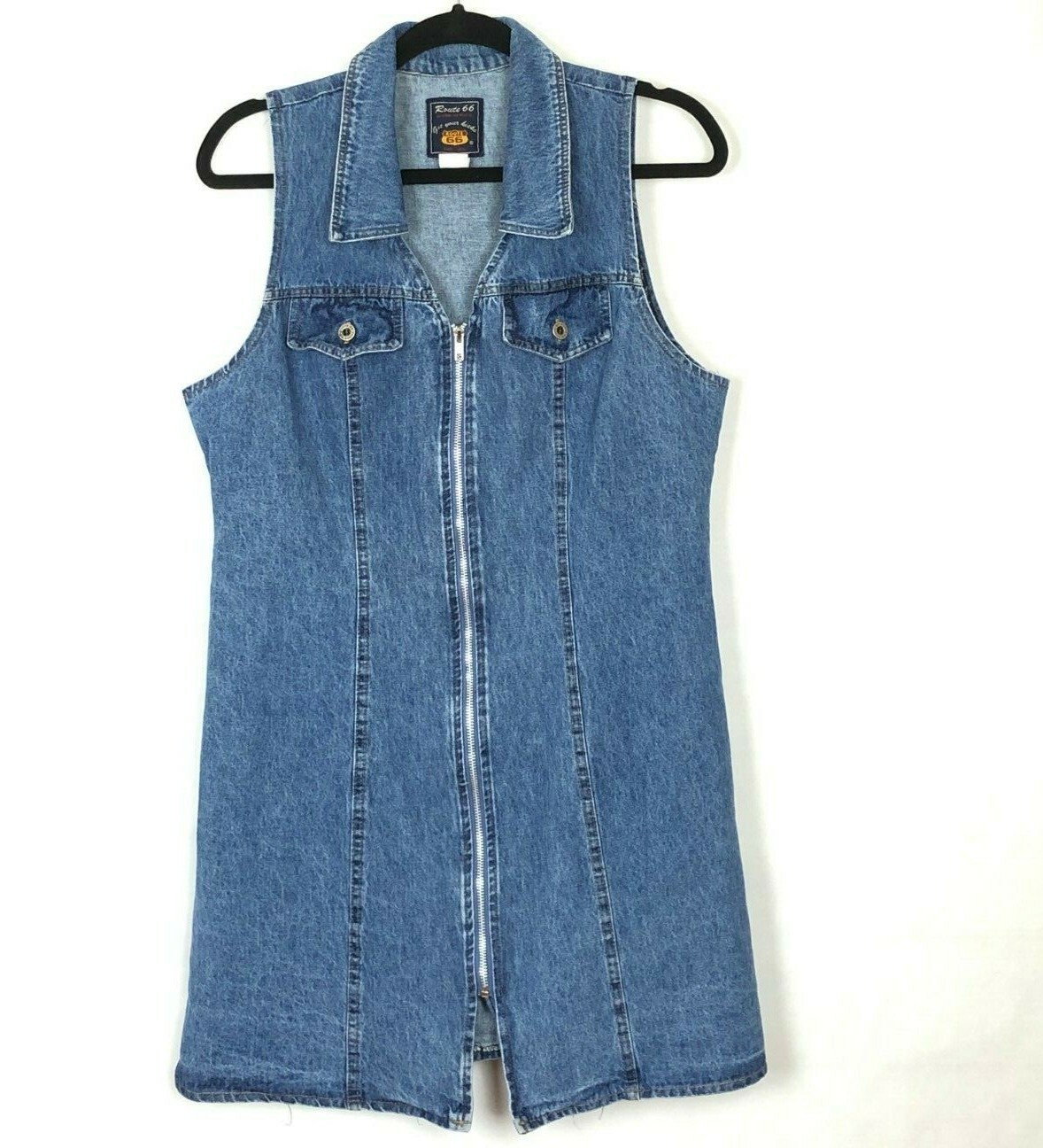 Vintage 80s Route 66 Denim Jean Dress Sleeveless Blue Retro Zipper Front 12