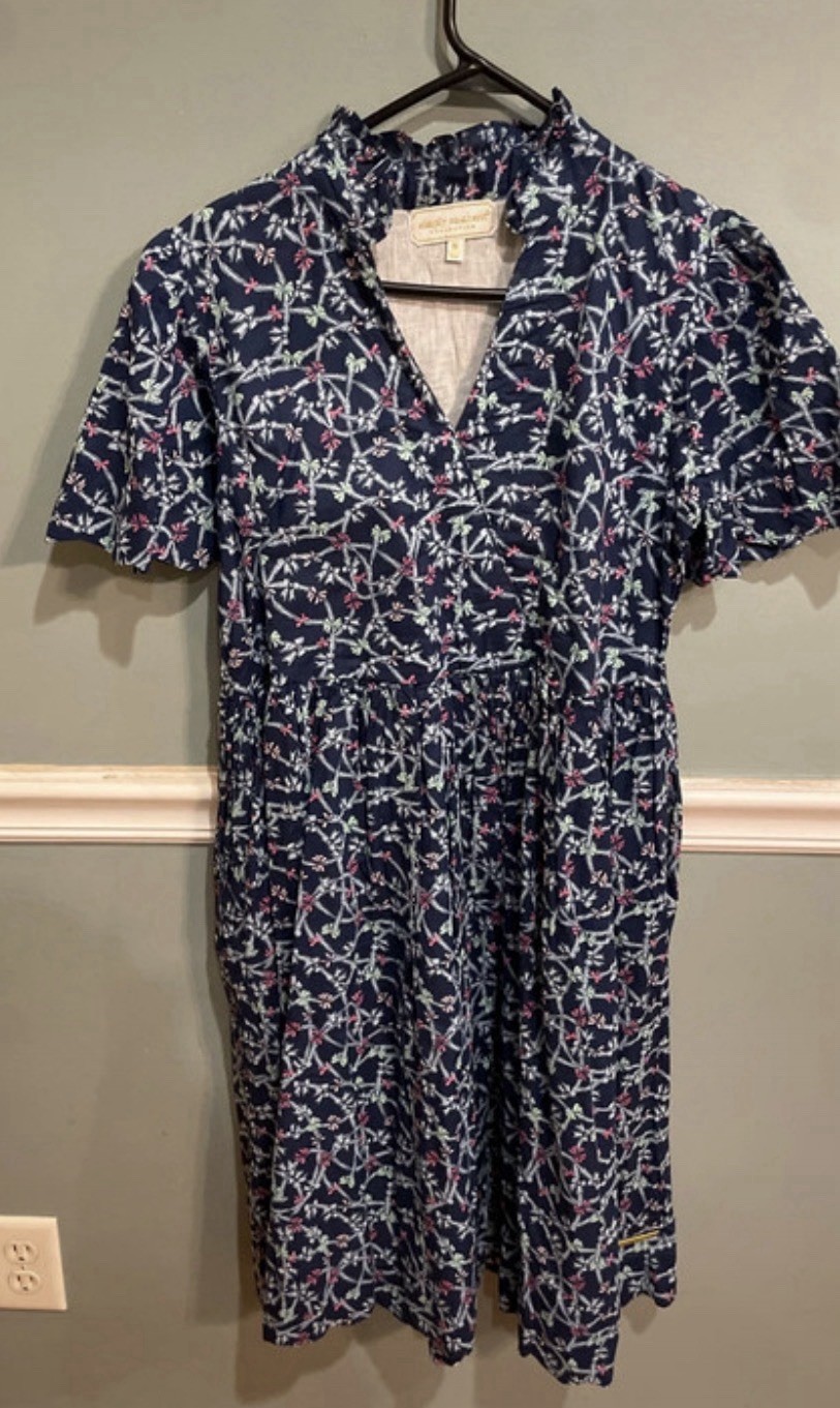 Simply Southern Blue Floral V-Neck Flared Short Sleeve Knee Length Dress M