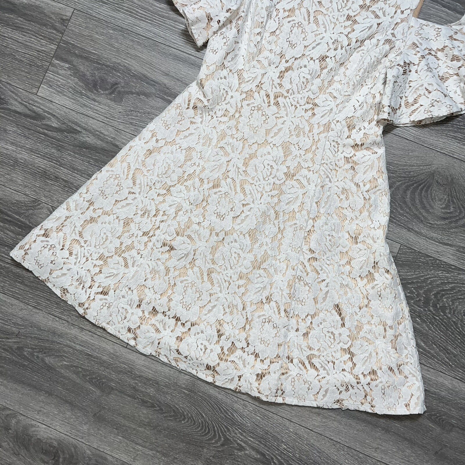 Eliza J Cream Cold Shoulder Flutter Sleeve Fit Flare Lace Nude Beige Dress 8 M