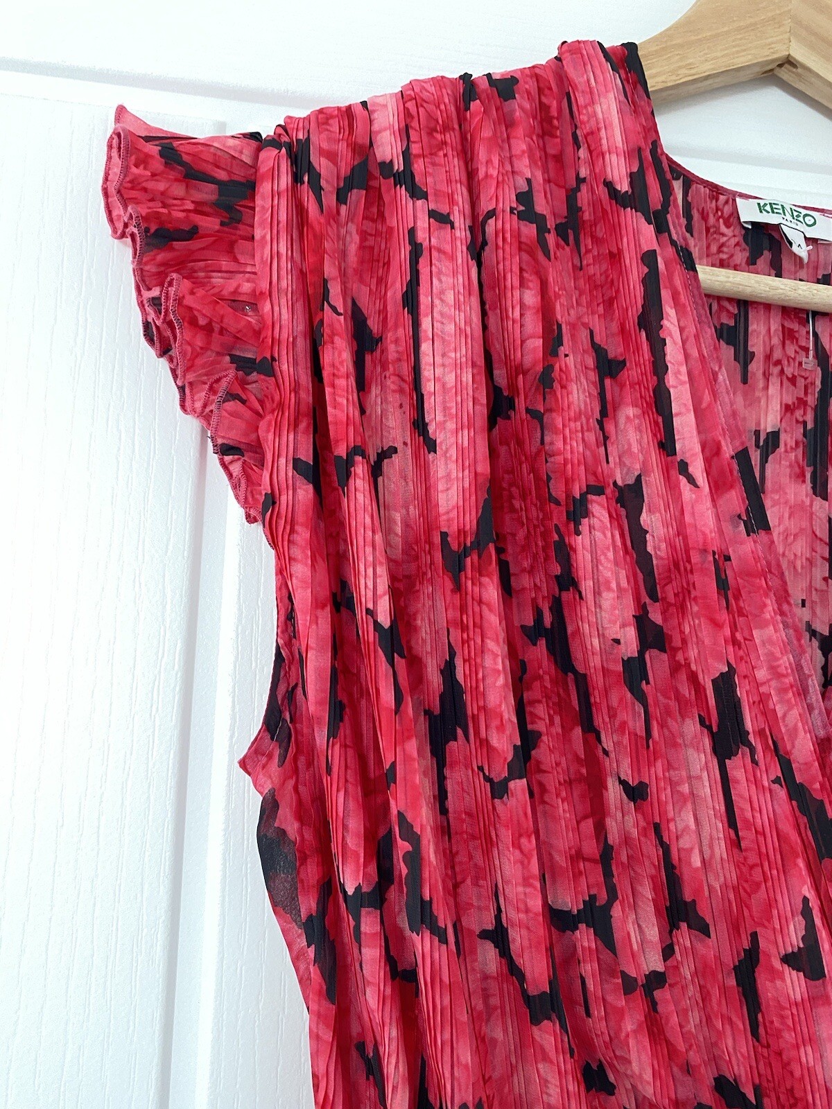 Kenzo Pink Pleated Ruffle Drawstring V Neck Mini Dress 34 S 8 Floral Frill Pleat