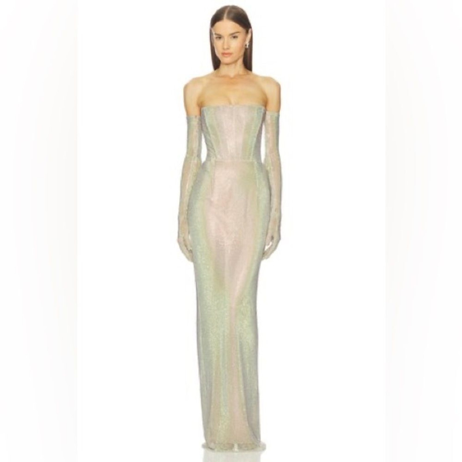 NEW BRONX AND BANCO Florentina Diamond Gown, Wedding max dress w gloves, S
