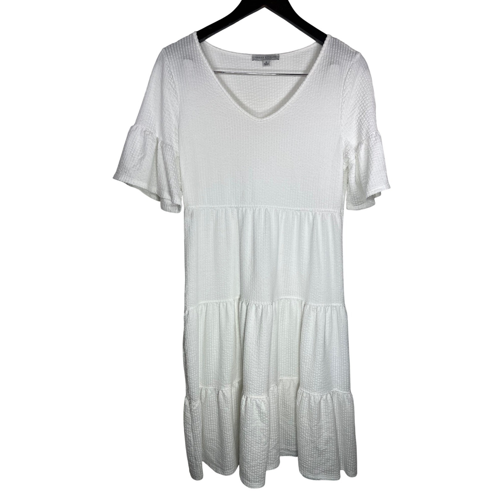 Green Envelope Dress Womens Medium White Tiered Ruffle Sleeve Babydoll Boho Chic