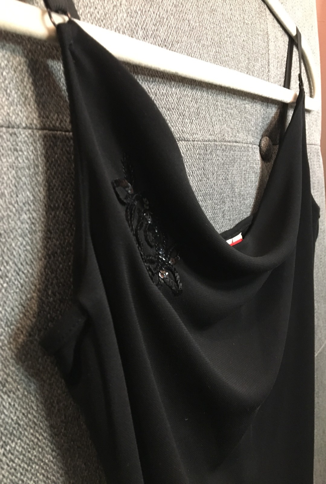 ESPRIT Black Slip Dress (SMALL) Vintage Y2K Stretch Elastic Straps Sequin Flower