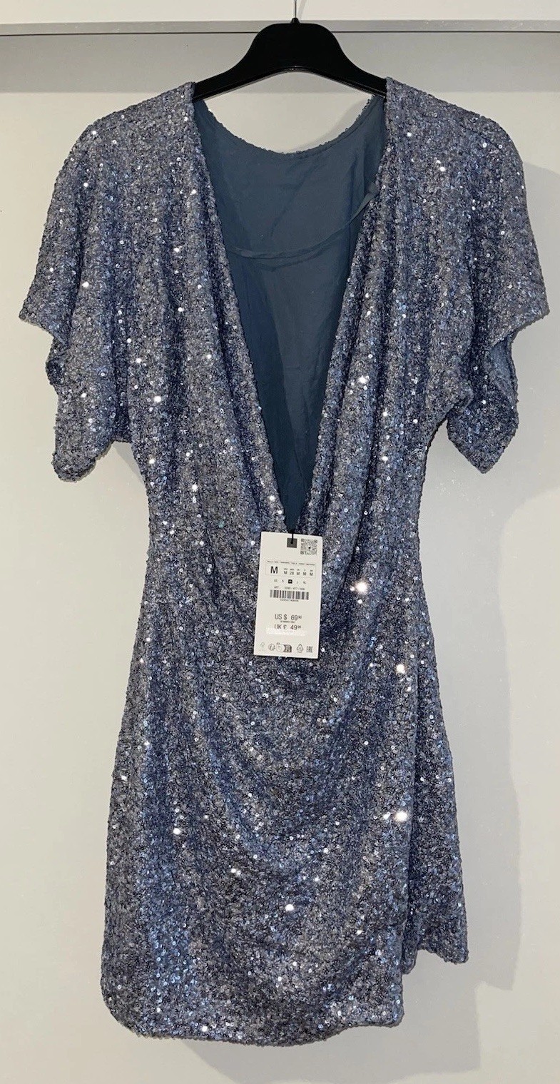 ZARA BLUE GREY SEQUINNED MINI DRESS WITH FLOWING AT BACK NECKLINE SIZE M BNWT