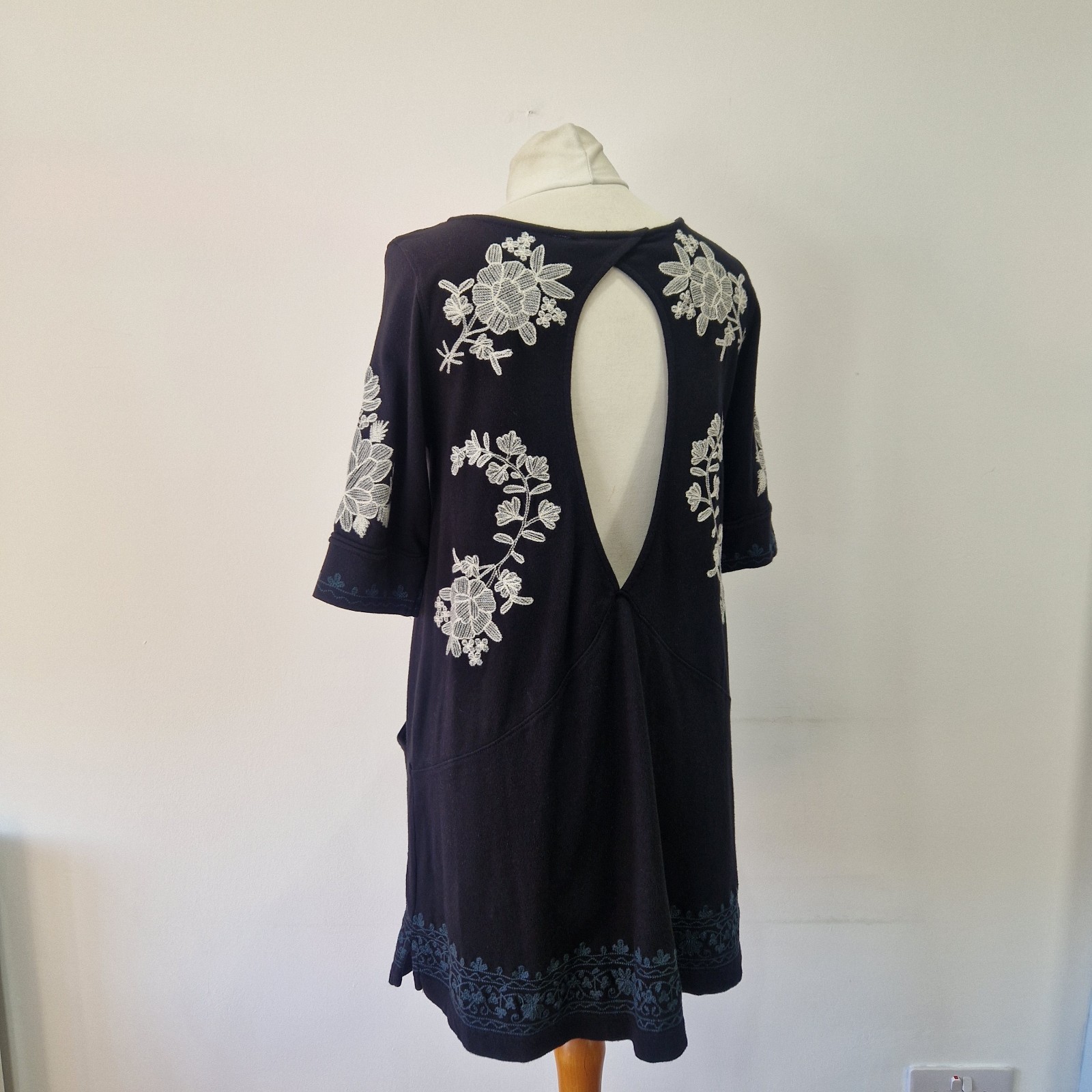 Free People Embroidered Mini Dress Black White Short Sleeve S 10 12 Casual Party