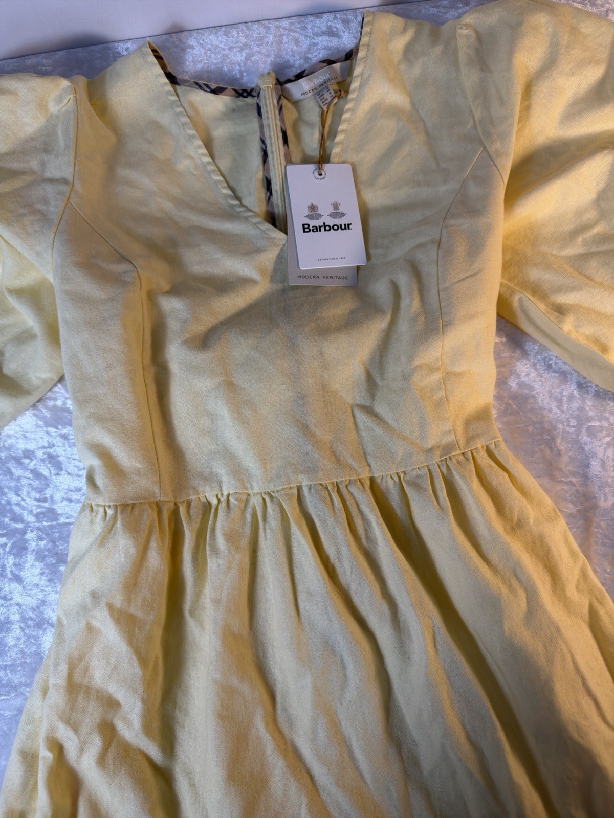 Barbour Yellow Linen Midi Dress Puff Sleeve Tie Back Womens 10 NWT