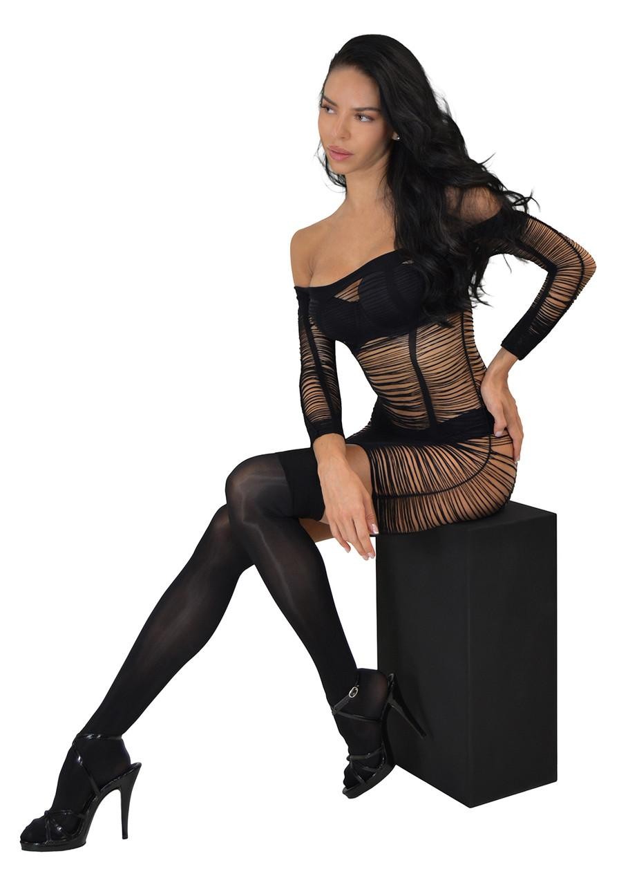 Babette – Fringe Net Off Shoulder Mini Dress in High Stretch Fabric
