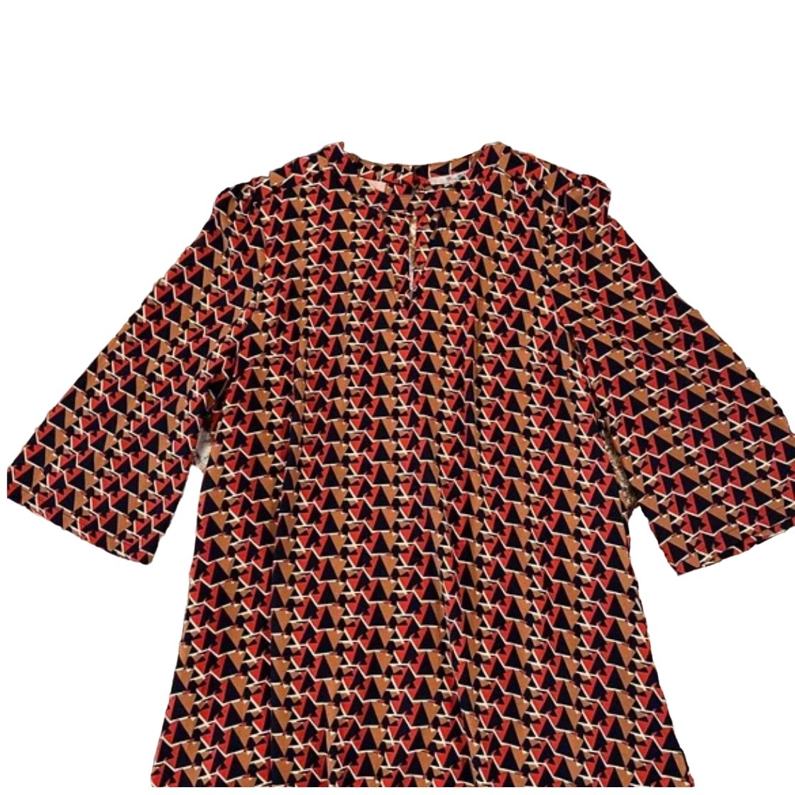 NWT Nordstrom’s Miss Me Tan, Navy, Orange/Red Geometric Print Shift Dress – S