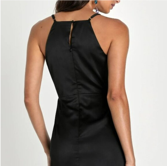 Lulus What a Stunner Black Satin Asymmetrical A-Line Mini Dress Size M – NEW