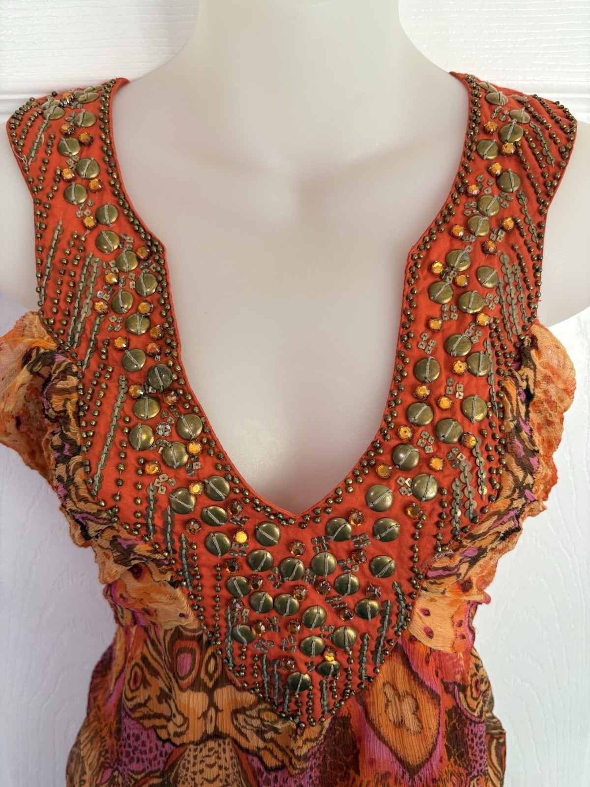 Y2K Alberto Makali Orange Abstract Beaded Studded V-Neck Sleeveless Mini Dress M