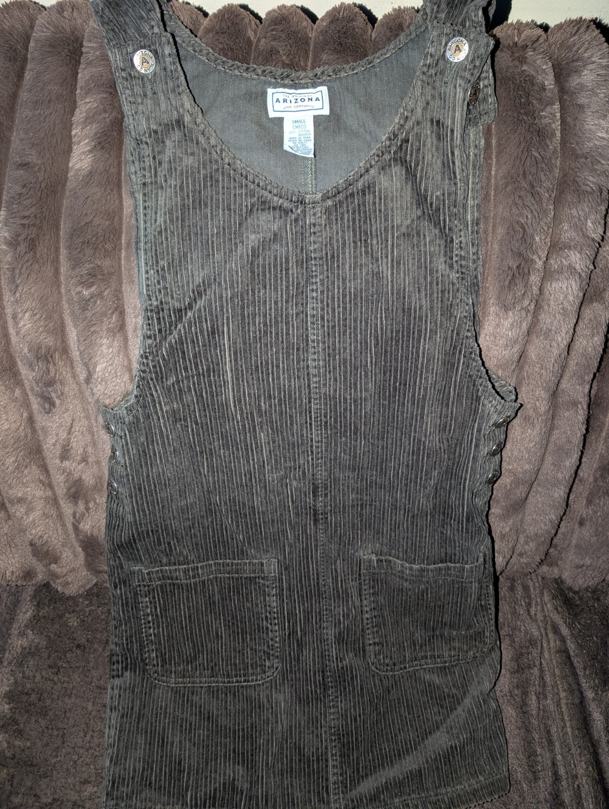 Arizona Jean Company Women’s Gray Corduroy V-Neck Pinafore Dress S Pockets