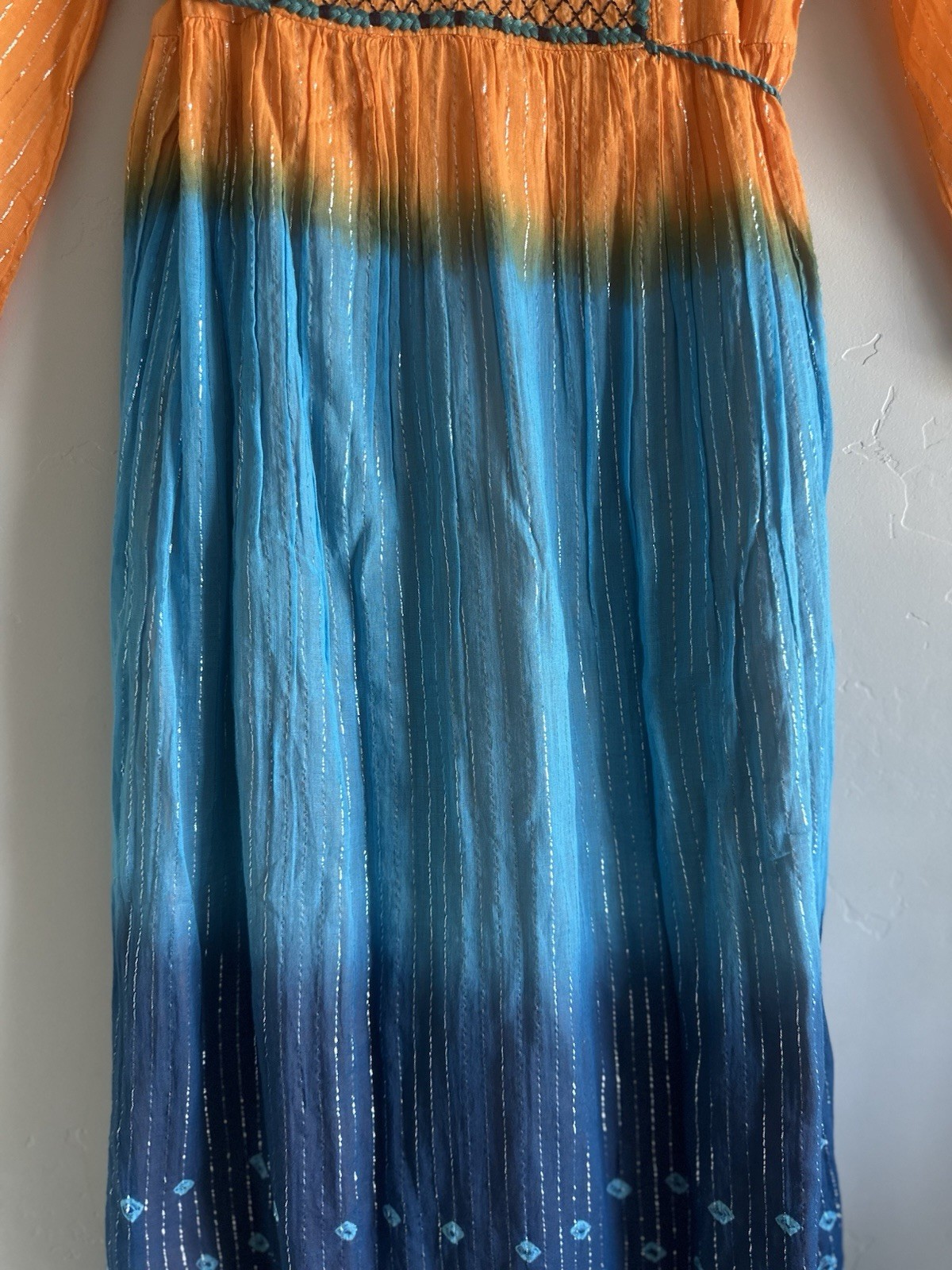 NOVICA Orange Blue Ombre Embroidered Maxi Dress S Lined 3/4 Bell Sleeve
