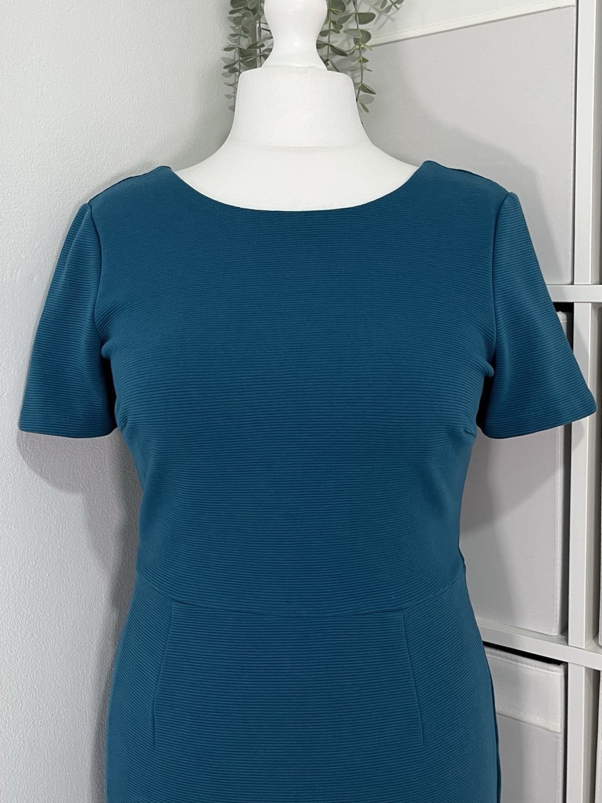 Boden Ribbed Pencil Wiggle Midi Dress Size 14 Blue Stretch Occasion Office Work