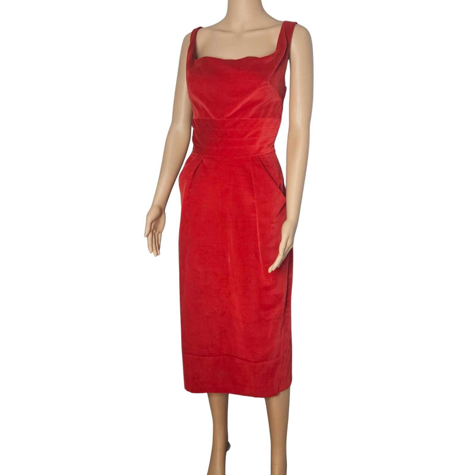 1960s Velvet Red Custom Made Wiggle Bodycon Dress Sleeveless Pockets Size XS