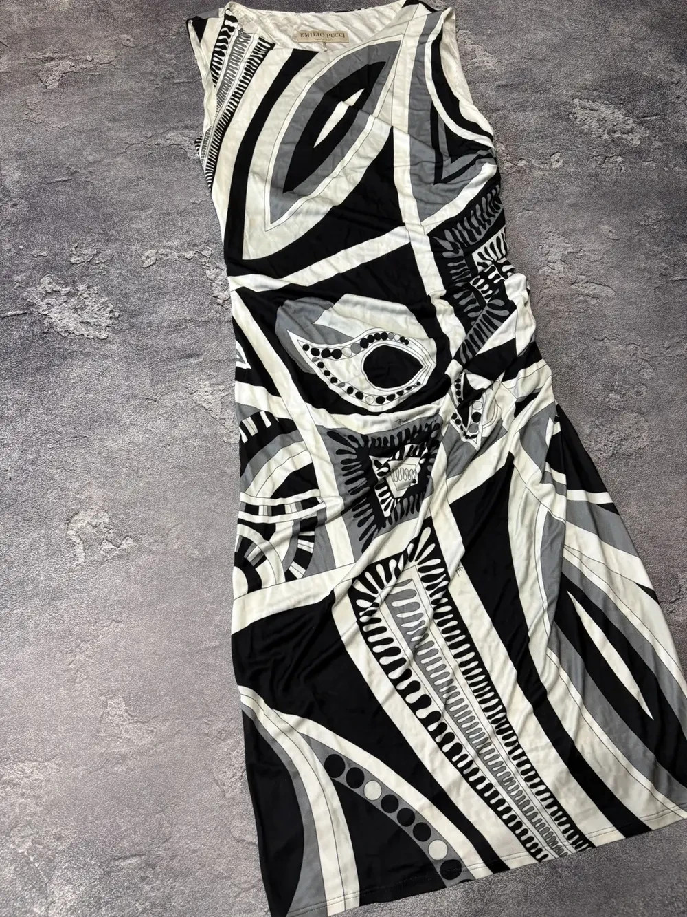 Emilio Pucci Luxury Abstract Geometric Print Ruched Dress Womens Size I46