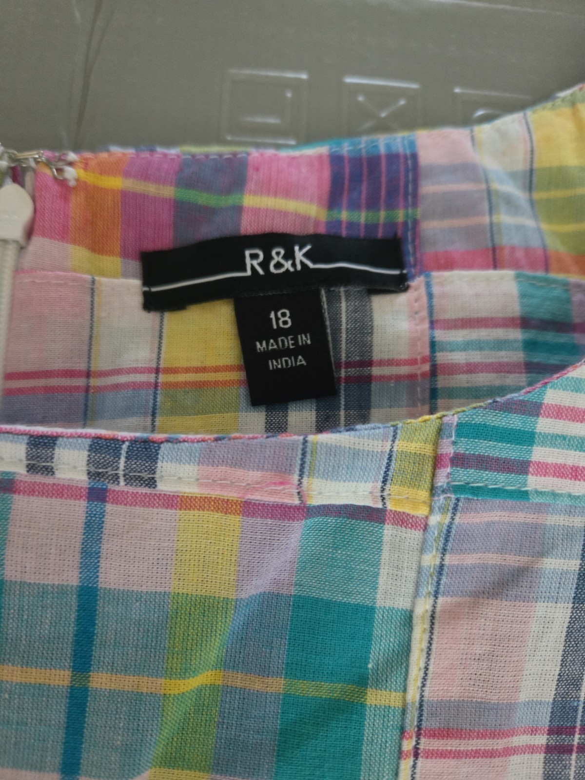 R&K Original Multi Madras Patchwork Plaid Ruffle Sleeve Dress Size 18, Cotton