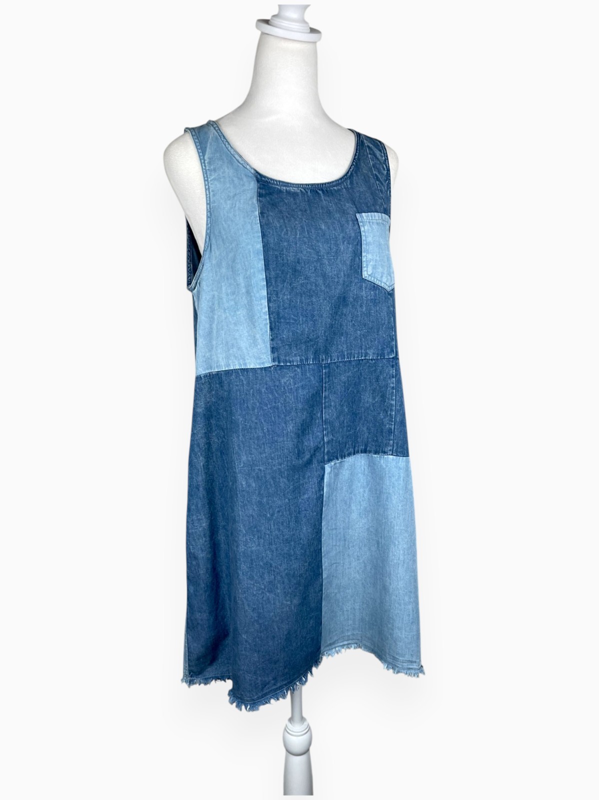 True Craft Patchwork Denim Dress Two-Tone Raw Hem Sz L
