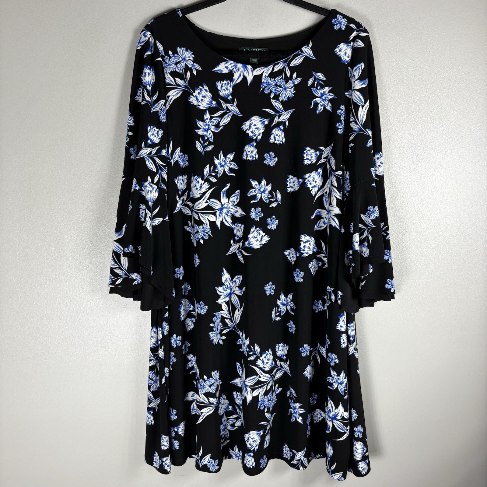 Lauren Ralph Lauren 14 Black Blue Floral 3/4 Bell Sleeve Lined A Line Dress NWT